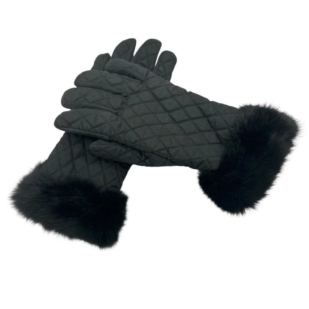 Preston & York Black Quilted‎ Gloves Fur Trim Cuffs Sz M Fleece Lined Insulated